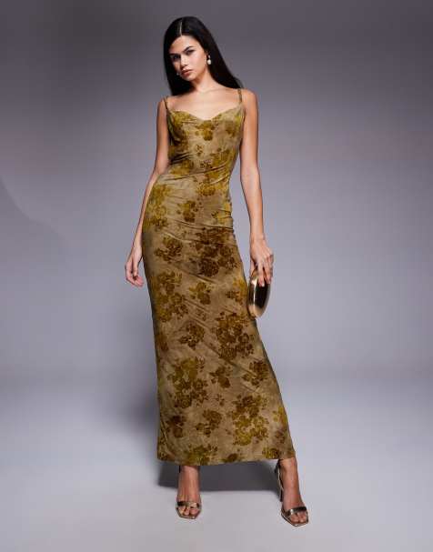 Tiger Mist Sparrow devore cowl neck bead back detail maxi dress in green