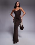 [Tiger Mist] Tiger Mist Suriya cowl halterneck open tie back chain detail maxi dress in brown XS BROWN