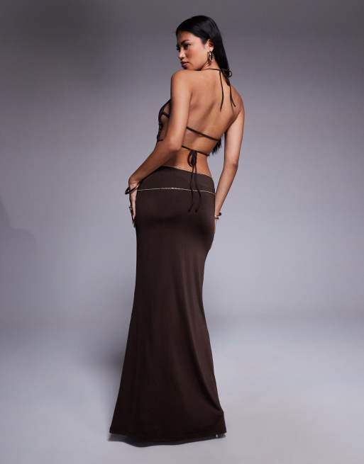 Tiger Mist Suriya cowl halterneck open tie back chain detail maxi dress in brown