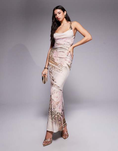Tiger Mist Tamarin cowl neck open back gold hardware detail maxi dress in animal print