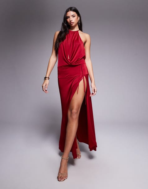 Tiger Mist Tarrin metal halterneck ring detail extreme plunge neck tie side maxi dress in red - view 1