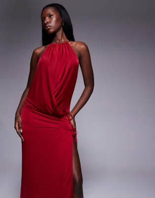 Tiger Mist Tarrin Metal Halterneck Ring Detail Extreme Plunge Neck Tie Side Maxi Dress In Animal Print