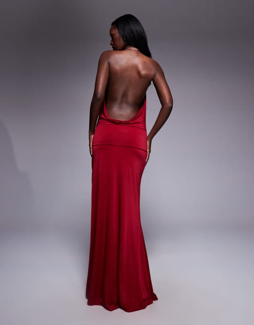 Tiger Mist Tarrin metal halterneck ring detail extreme plunge neck tie side maxi dress in red