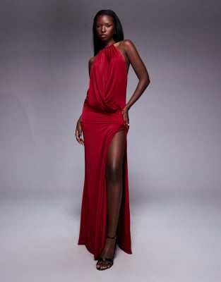 Tiger Mist - Tarrin - Neckholder-Maxikleid in Rot mit Metallringdetail. tiefem Ausschnitt und seitlichem Bindedetail