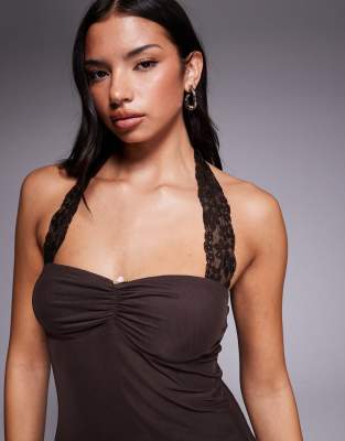 Tiger Mist Tawny Halterneck Lace Strap Detail Rose Trim Mini Dress In Brown
