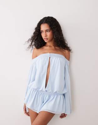 Tiger Mist Tessie Off The Shoulder Wide Sleeve Plunge Detail Cinched Waist Chiffon Romper In Blue