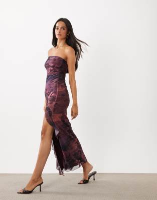 Tiger Mist Theo Bandeau Ruffle Detail Thigh Split Maxi Dress In Purple