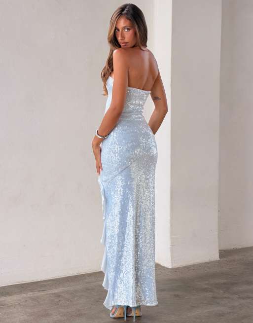 Tiger Mist - Theo - Maxi bandeau-jurk met lovertjes, ruches en dijsplit in ijsblauw, 2 van 4