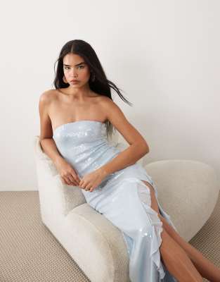 Tiger Mist Theo Sequin Bandeau Ruffle Detail Thigh Slit Maxi Dress In Blue