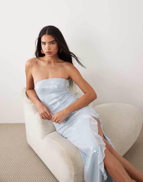 Tiger Mist Theo sequin bandeau ruffle detail thigh slit maxi dress in ice blue - view 1