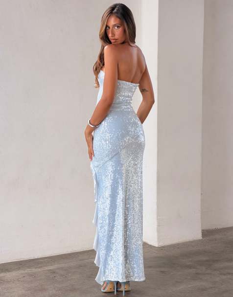 blue strapless dress asos Rent ASOS DESIGN Tall Bandeau Mesh Midi Dress In Pale Blue main image 0