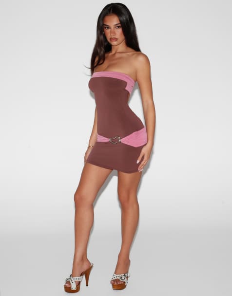 Tiger Mist - Vestido mini bandeau con espalda abierta y detalle de herrajes dorados en chocolate y rosa - view 1