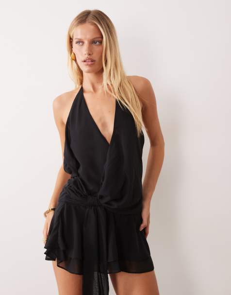 Tiger Mist - Vestido mini de gasa negro con escote halter, drapeado, lazada lateral y múltiples posiciones - view 1