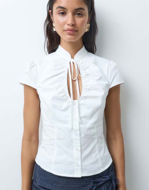 Tiger Mist Viola chemise à manches courtes avec ouverture goutte d'eau en blanc, 5 de 5