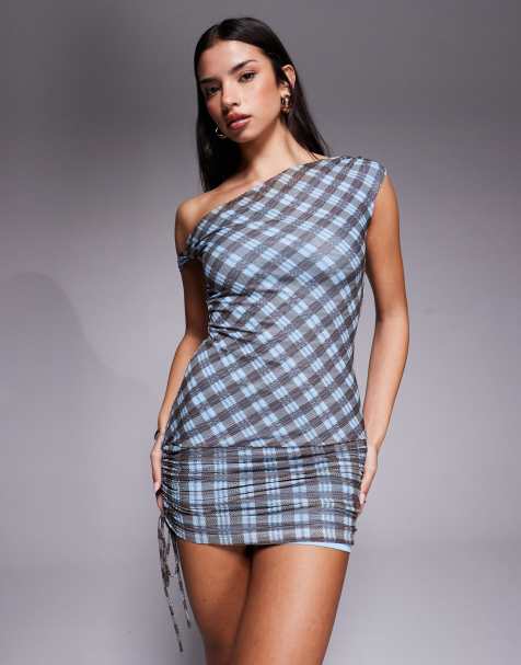 Tiger Mist Winslow off shoulder ruched skirt detail mini dress in blue check - view 1