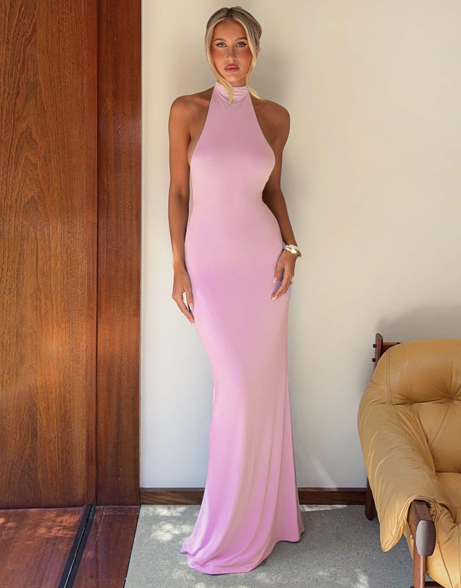 tiger mist x em venz maddy high racer halterneck open back drape detail maxi dress in pink