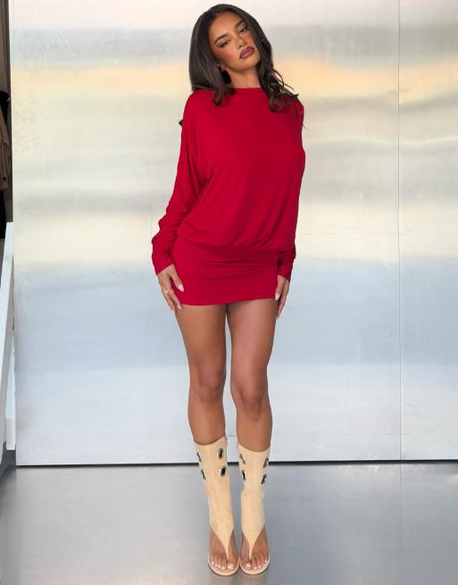 Tiger Mist x Jessica Bader Blouson open cowl back mini dress in red, 2 of 4