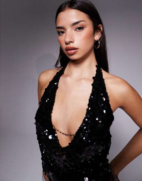 Tiger Mist Zana halterneck disc sequin chain cowl detail tie back top in black - view 1