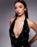 [Tiger Mist] Tiger Mist Zana halterneck disc sequin chain cowl detail tie back top in black XL Black Sequin