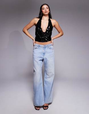 Tiger Mist Zana Halterneck Disc Sequin Chain Cowl Detail Tie Back Top In Animal Print