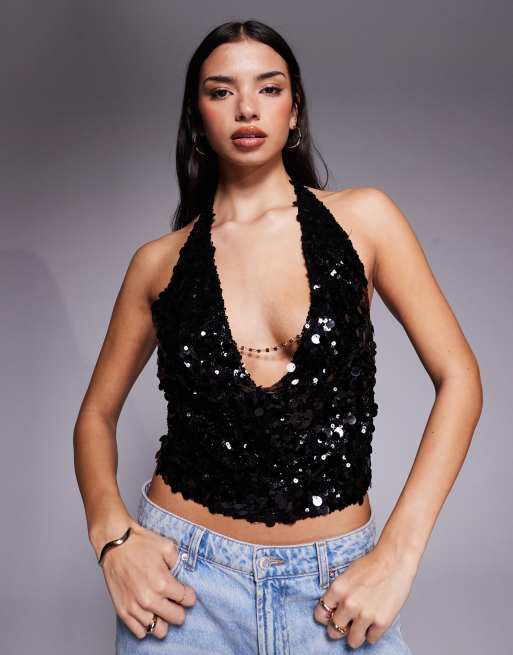 Tiger Mist Zana halterneck disc sequin chain cowl detail tie back top in black, 4 of 4