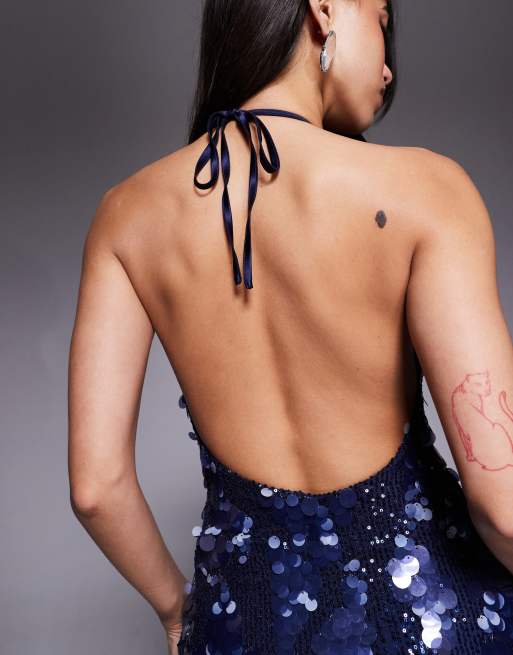 Tiger Mist - Zana - Vestito corto con scollo profondo allacciato al collo blu navy con paillettes a disco, 4 di 4