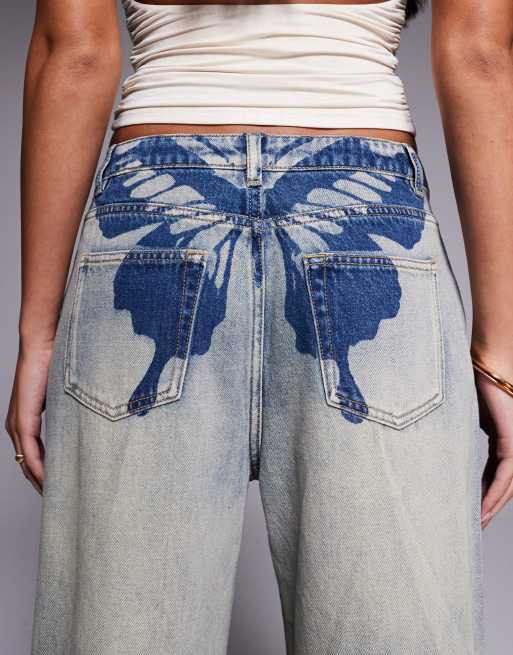 Tiger Mist Zanthe butterfly print low-mid rise oversized straight leg jeans in light wash denim, 5 of 5