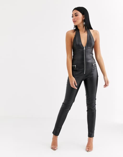 Tiger Mist zip through pu jumpsuit in black