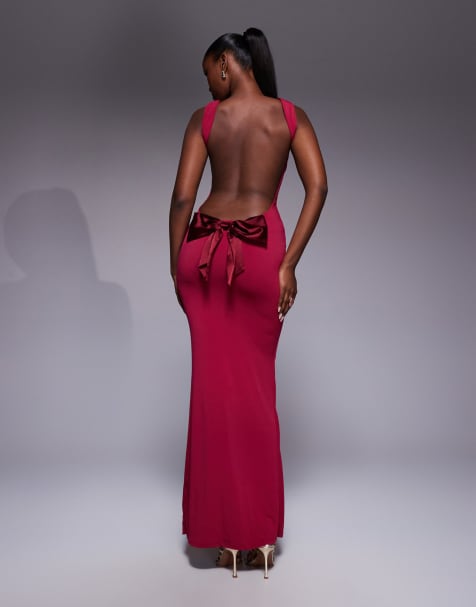 Tiger Mist Zita square neck open scoop back satin bow detail maxi dress in berry red - view 1