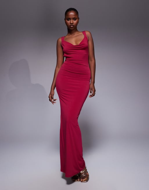 Tiger Mist Zita square neck open scoop back satin bow detail maxi dress in berry red