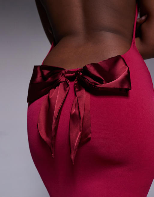 Tiger Mist Zita square neck open scoop back satin bow detail maxi dress in  berry red