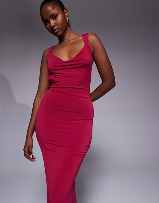 Tiger Mist Zita square neck open scoop back satin bow detail maxi dress in berry red