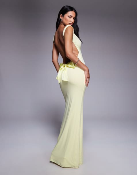 Tiger Mist Zita square neck open scoop back satin bow detail maxi dress in lemon - view 1