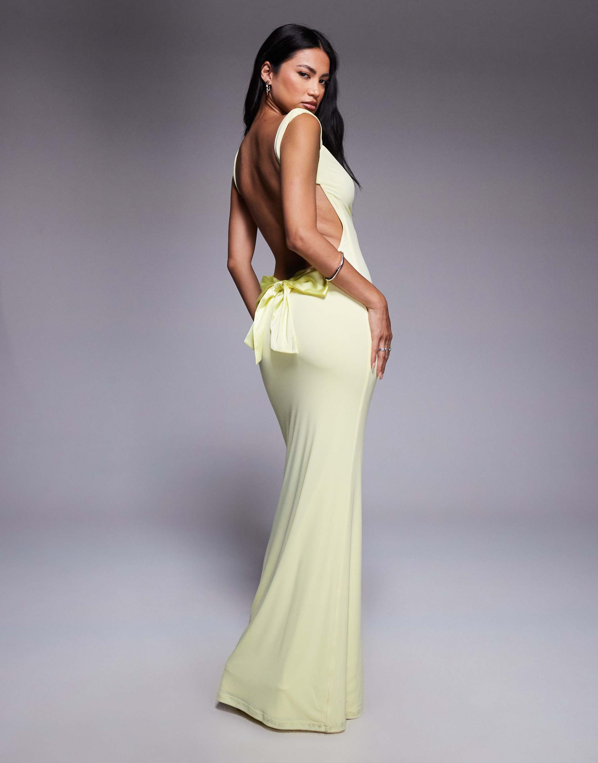 tiger mist zita square neck open scoop back satin bow detail maxi dress in lemon