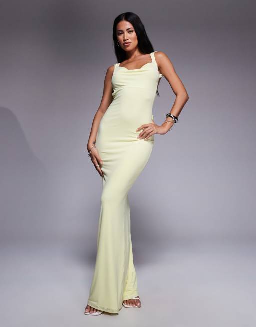 Tiger Mist Zita square neck open scoop back satin bow detail maxi dress in lemon