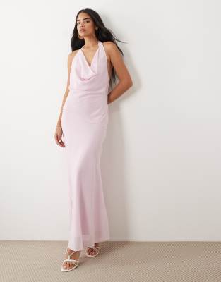 Tiger Mist Zyla Chiffon Halter Cowl Neck Fishtail Maxi Dress In Pink