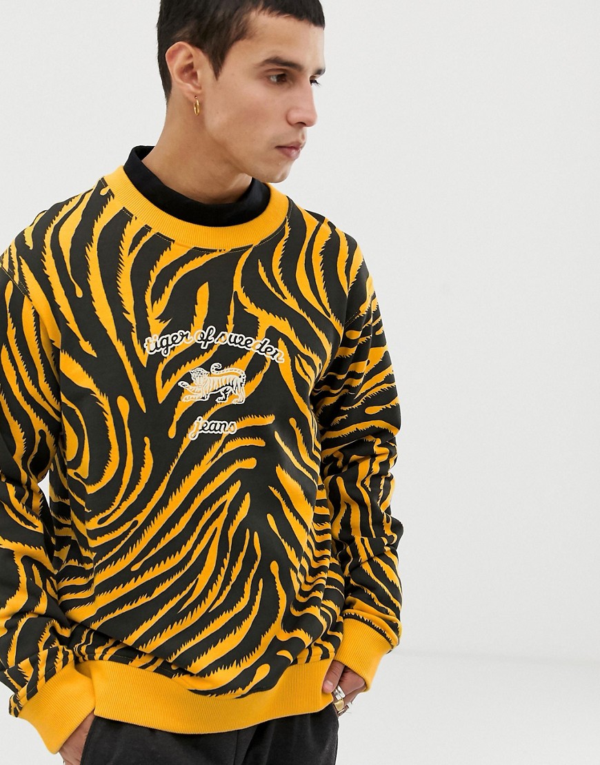 Tiger of Sweden Jeans - Felpa girocollo gialla con stampa tigrata-Giallo