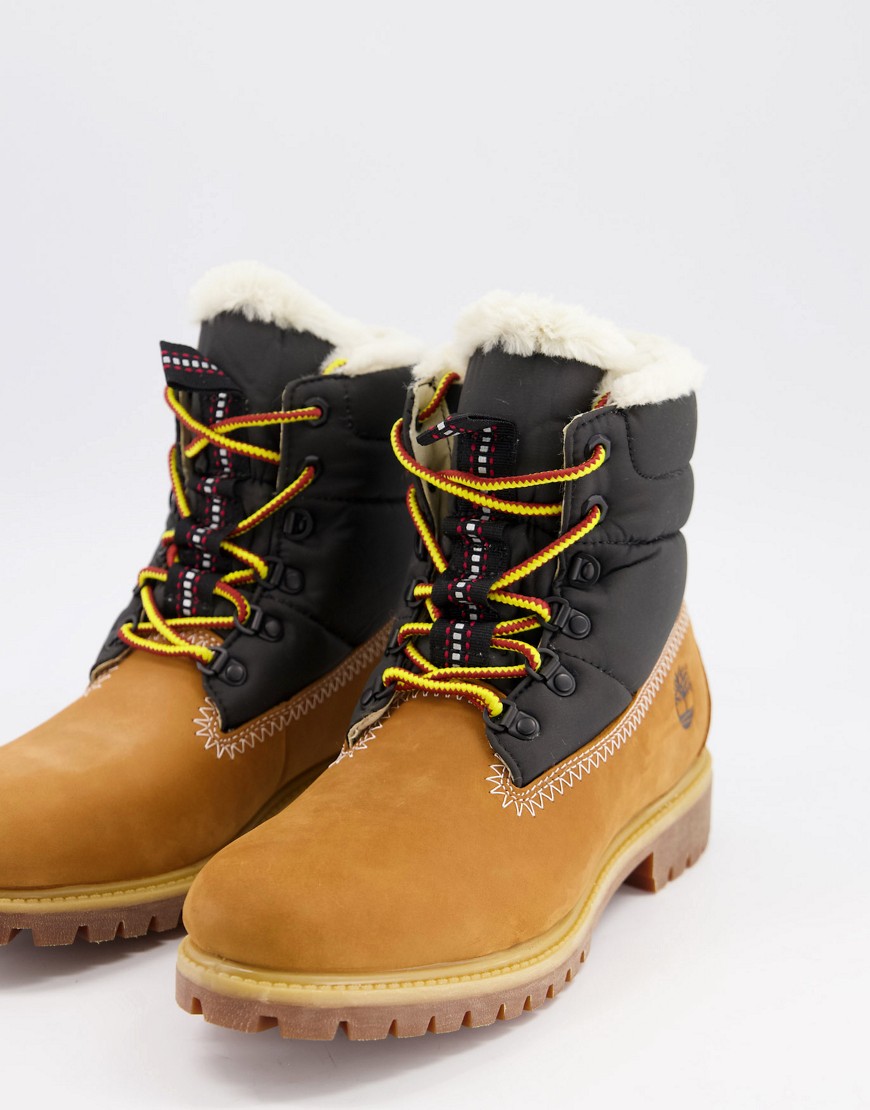 Timberland 6 inch fur lined boots in wheat and black-Tan