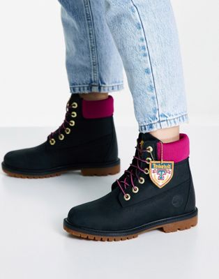 Timberland 6 inch Heritage cupsole boots in black/pink