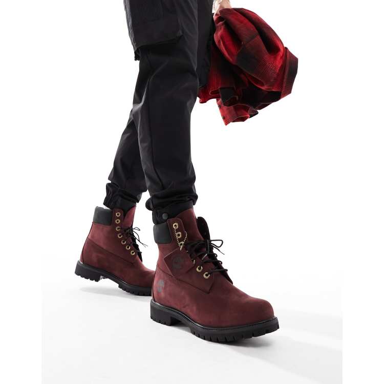 Timberland 6 inch premium boots in burgundy nubuck leather ASOS