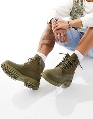 Timberland 6 inch premium boots in green nubuck leather with rubber toe remix detailing