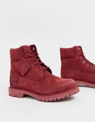 brown timberlands with red laces