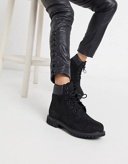 Timberland 6 inch premium lace up flat boots in black | ASOS