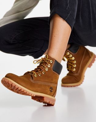 Timberland 6 inch premium lace up flat boots in rust - ASOS Price Checker