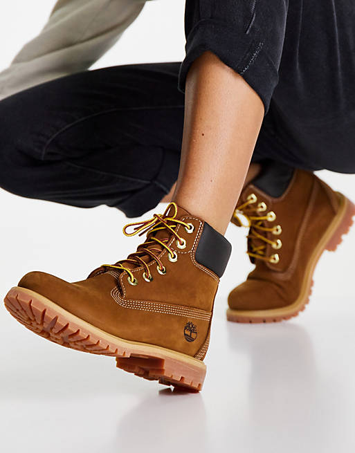 Timberland 6 inch premium lace up flat boots in rust | ASOS