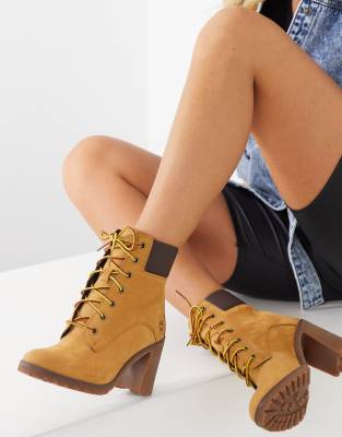 instant Schepsel Rood Timberland - Allington - Enkellaarzen met veters en hak in geel | ASOS