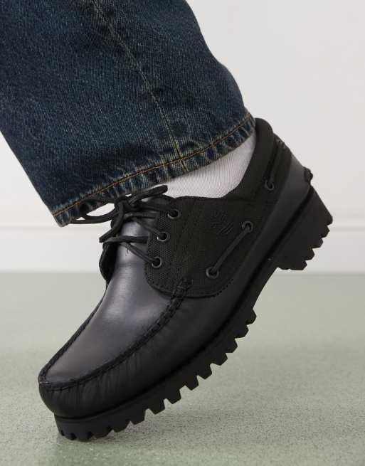Timberland Authentic 3 eye boat shoe in black leather | ASOS