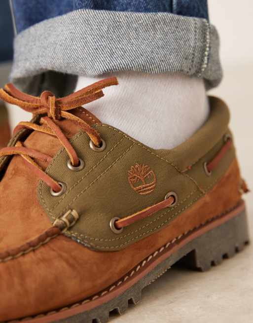 靴 Timberland Authentic Boat Shoe 27 Timberland Authentic 3 eye boat shoe in mixed brown nubuck | ASOS