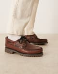 [Timberland] Timberland Authentic 3-eye classic boat shoes in all-over woven mid brown leather 12.5 Medium Brown