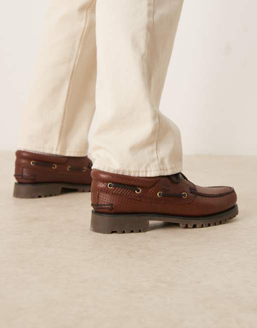 Timberland Authentic 3-eye classic boat shoes in all-over woven mid brown leather, 2 of 4